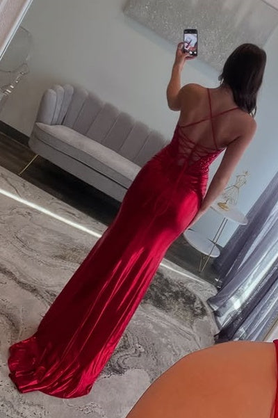 Sexy Satin Mermaid Bateau Lace Up Appliques Party Prom Dress