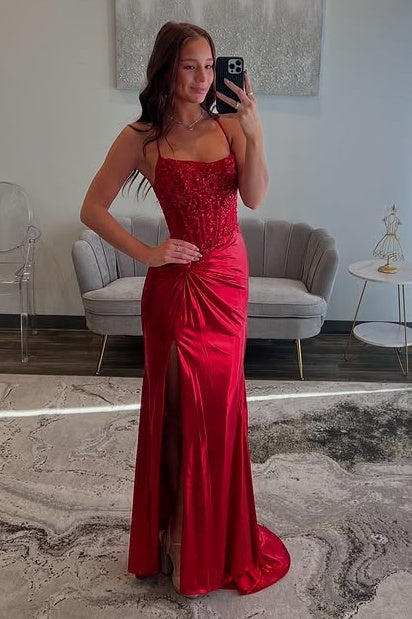 Sexy Satin Mermaid Bateau Lace Up Appliques Party Prom Dress