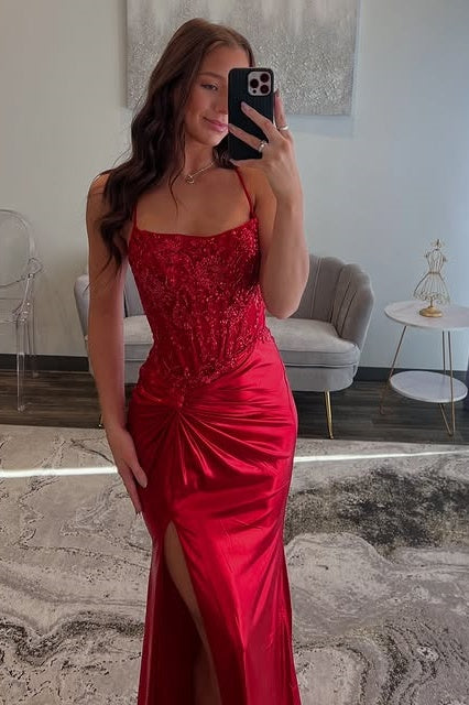 Sexy Satin Mermaid Bateau Lace Up Appliques Party Prom Dress