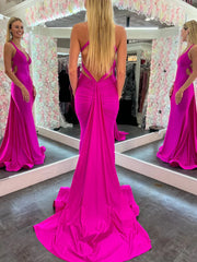 Sexy Satin Trumpet V-Neck Halter Open Back With Train Prom Dress