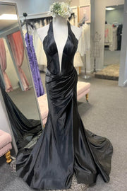 Sexy Satin Trumpet V-Neck Halter Open Back With Side Slit Prom Dress