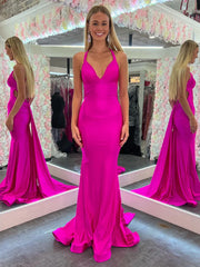 Sexy Satin Trumpet V-Neck Halter Open Back With Train Prom Dress