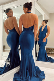 Sexy Satin Trumpet V-Neck Halter Open Back Prom Dress