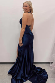 Sexy Satin Trumpet V-Neck Halter Open Back With Side Slit Prom Dress