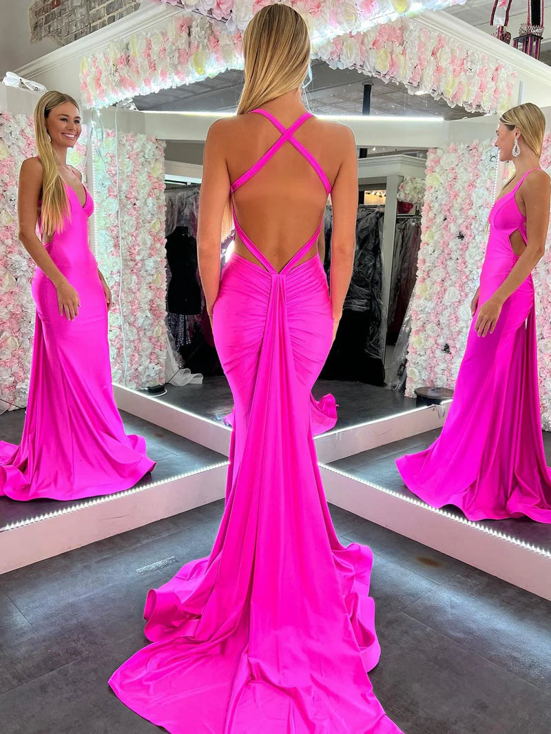 Sexy Satin Trumpet V-Neck Halter Open Back With Train Prom Dress