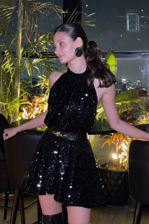 Sexy Sparkly Black Sequin A-Line Backless Party Homecoming Dress