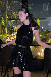 Sexy Sparkly Black Sequin A-Line Backless Party Homecoming Dress
