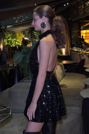 Sexy Sparkly Black Sequin A-Line Backless Party Homecoming Dress