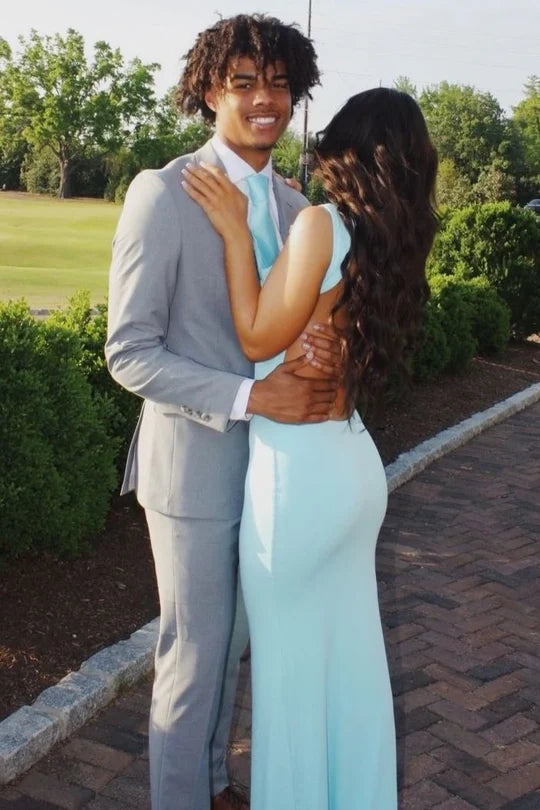 Sexy Straps Backless Sheath Blue Long Party Prom Dress