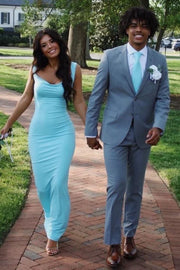 Sexy Straps Backless Sheath Blue Long Party Prom Dress