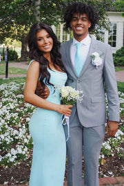 Sexy Straps Backless Sheath Blue Long Party Prom Dress