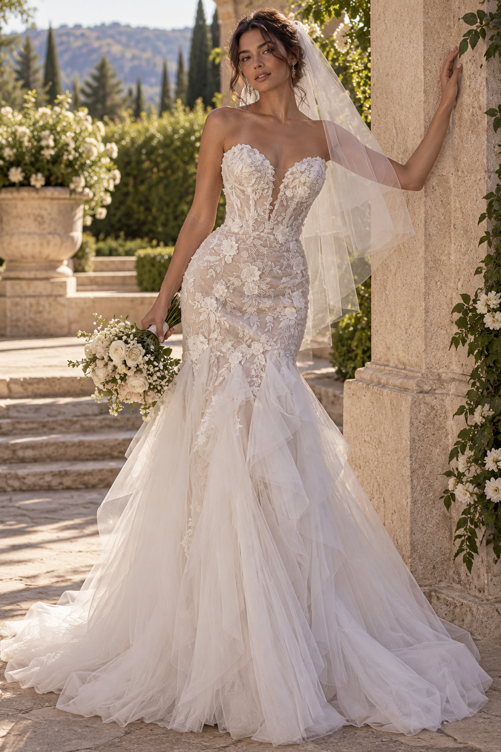 Sexy Sweetheart Strapless Corset Mermaid Lace Ruffle Tiered Wedding Dress