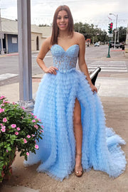 Sexy Tulle A-Line Sweetheart Strapless Tiered Appliques Prom Dress