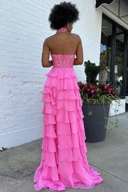 Sexy Two Tone High Neck Tiered Lace Appliques Prom Dress