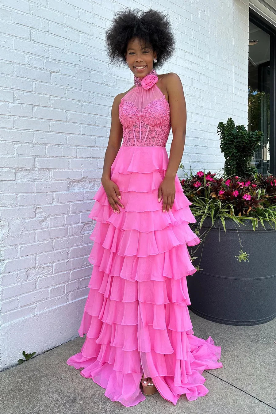 Sexy Two Tone High Neck Tiered Lace Appliques Prom Dress