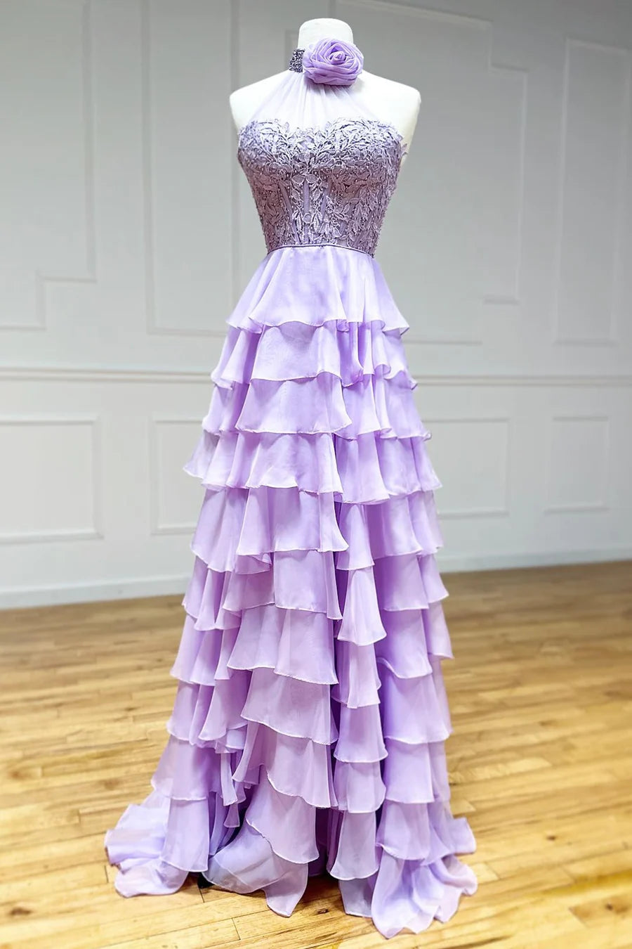 Sexy Two Tone High Neck Tiered Lace Appliques Prom Dress