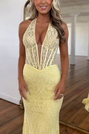 Sexy V-Neck Halter Empire Lace Formal Prom Dress