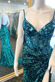 Sexy V-Neck Sequins Beaded Long Prom Dress With High Slit