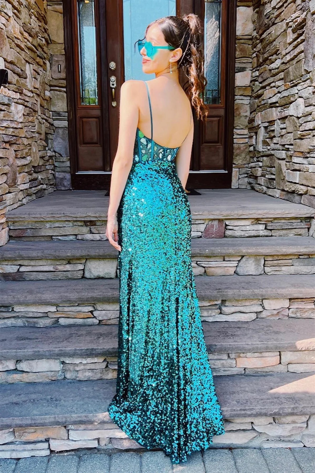 Sexy V-Neck Sequins Beaded Long Prom Dress With High Slit