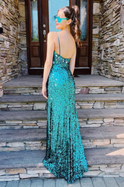 Sexy V-Neck Sequins Beaded Long Prom Dress With High Slit