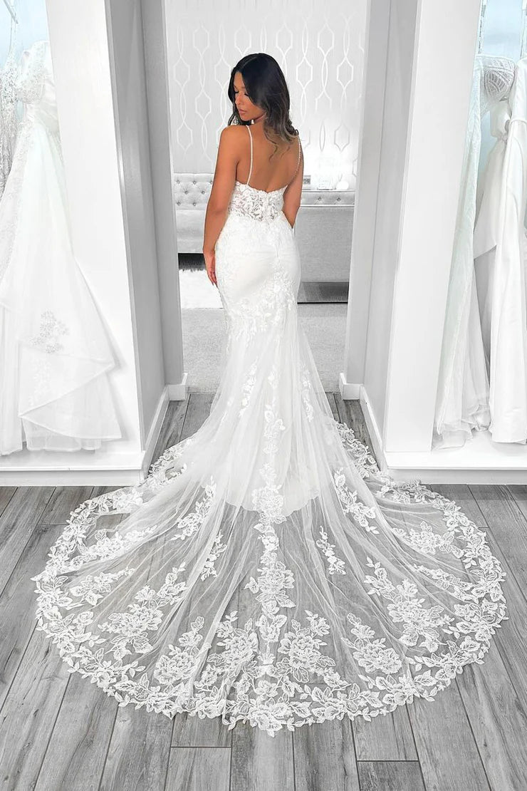 Sexy V-Neck Sleeveless Mermaid Lace Wedding Dress