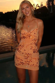 Sexy V-Neck Spaghetti Straps Appliques Mini Summer Homecoming Dress 