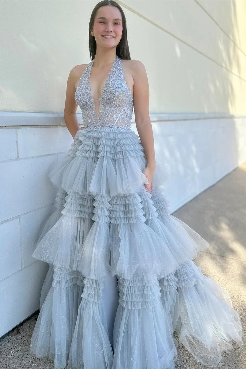 Sexy Tulle A-Line V-Neck Halter Open Back Tiered Prom Dress Bue Color
