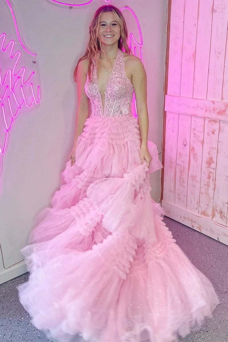 Sexy Tulle A-Line V-Neck Halter Open Back Tiered Prom Dress Pink Color 