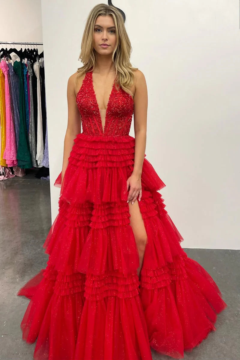 Sexy Tulle A-Line V-Neck Halter Open Back Tiered Prom Dress Pink Color Red Color