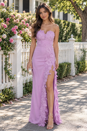 Sheath Lace Appliques Satin Strapless Party Prom Dress With Leg Slit