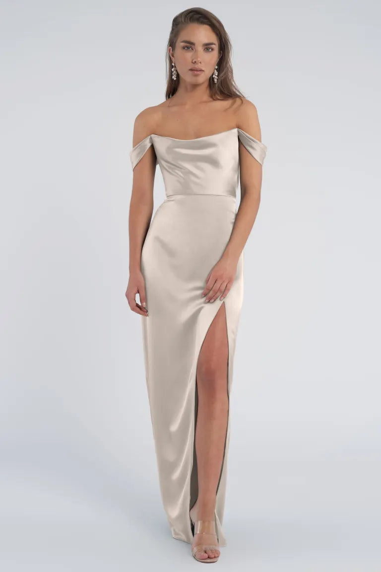 Sheath Off-Shoulder Sleeveless Empire With Side Slit Bridesmaid Dress