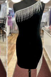 Sheath Satin Fitted One Shoulder Beaded Fringe Homecoming Dress