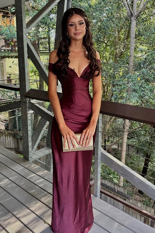 Sheath Satin Off-Shoulder Floor-Length Formal Party Prom Dress