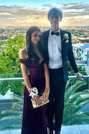 Sheath Satin Off-Shoulder Floor-Length Formal Party Prom Dress