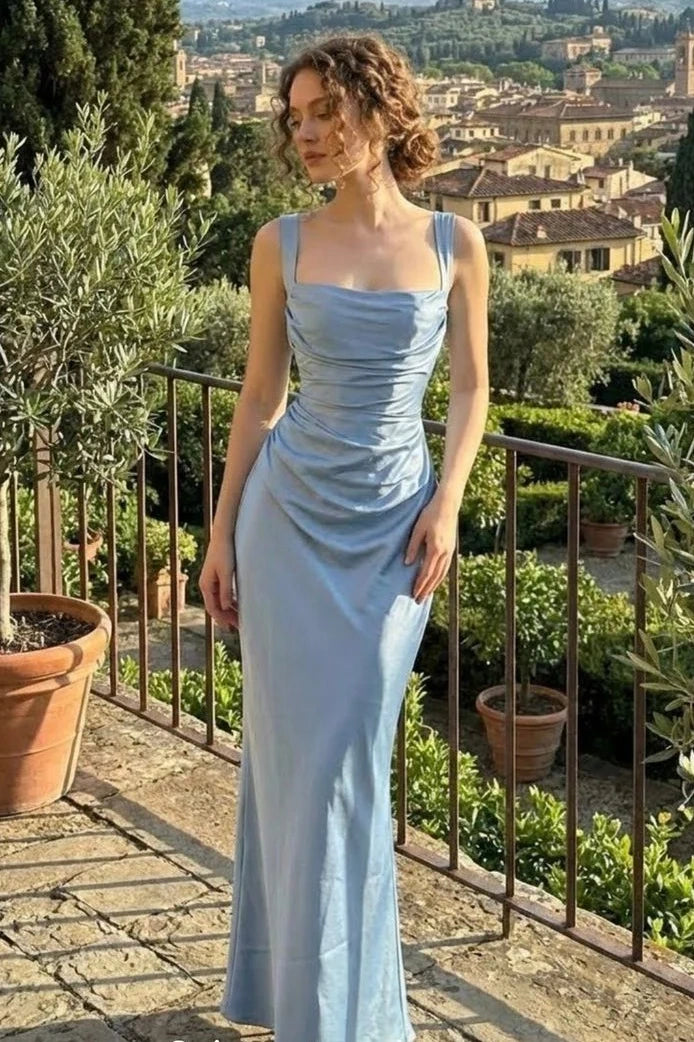 Sheath Satin Ruched Empire Square Strapless Party Prom Dress