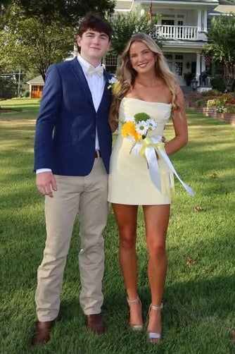 Sheath Strapless Yellow Mini Satin Evening Party Homecoming Dress