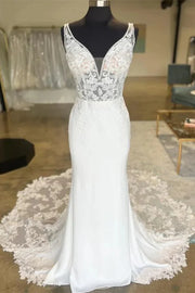 Sheath V-Neck Illusion Empire Appliques With Lace Train Wedding Dress