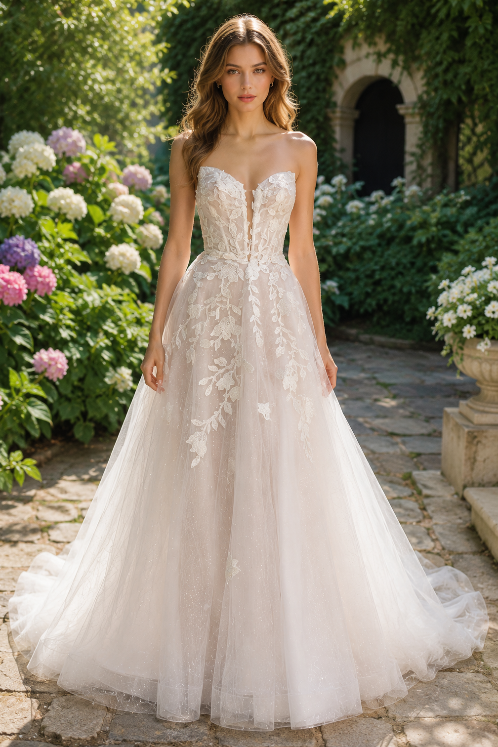 Sheer A-Line Lace Appliques Strapless Backless Tulle Wedding Dress