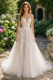 Sheer A-Line Lace Appliques Strapless Backless Tulle Wedding Dress