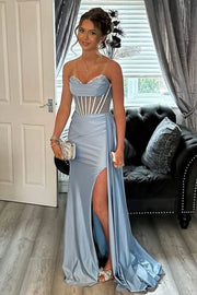 Sheer Empire Satin Mermaid Party Prom Dress With Train