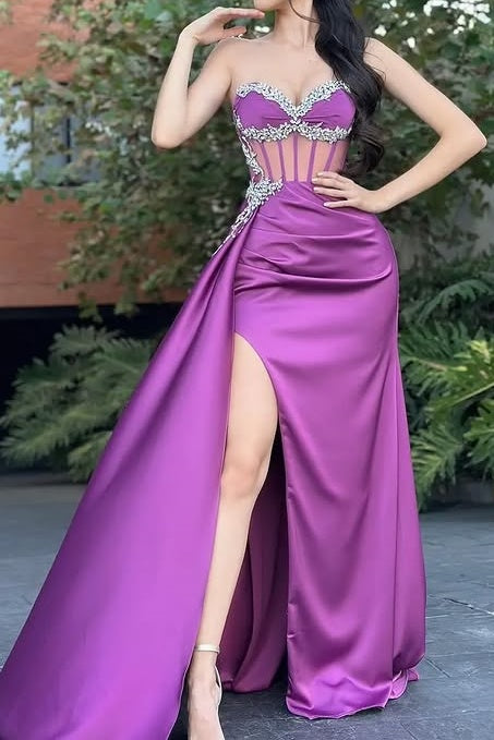 Sheer Empire Sweetheart Strapless Beaded Satin Prom Dress