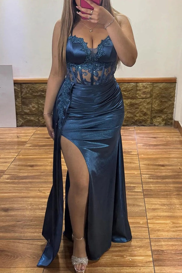 Sheer Empire Sweetheart Strapless Lace Appliques Party Prom Dress