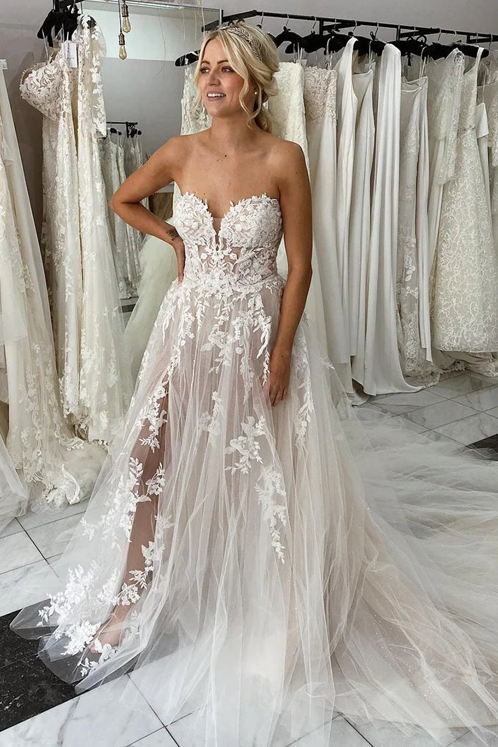 empire beach wedding dresses Sheer Empire Tulle A-Line Appliques Beach Wedding Dress With Slit Picture Color / US 16