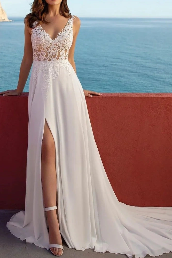 Sheer Empire V-Neck Sleeveless Empire Wedding Dress With Train