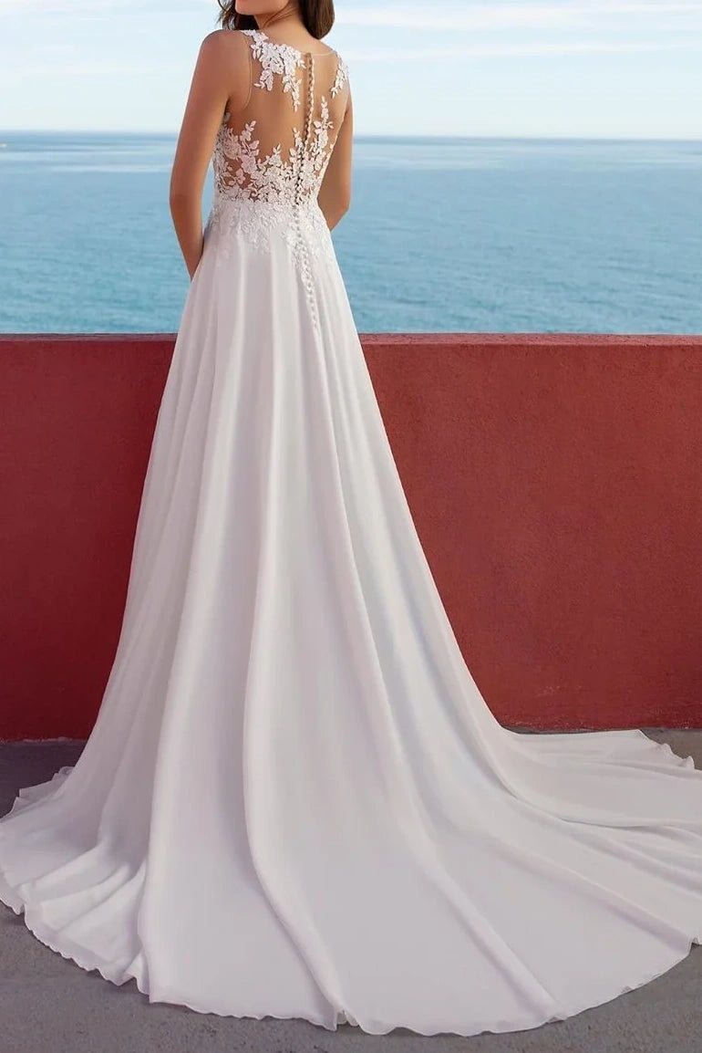 Sheer Empire V-Neck Sleeveless Empire Wedding Dress With Train