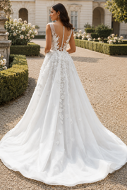 Sheer Lace Appliques V-Neck Sleeveless Tulle A-Line Wedding Dress 