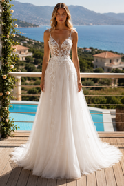 Sheer Lace Top Tulle A-Line Spaghetti Straps V-Neck Wedding Dress