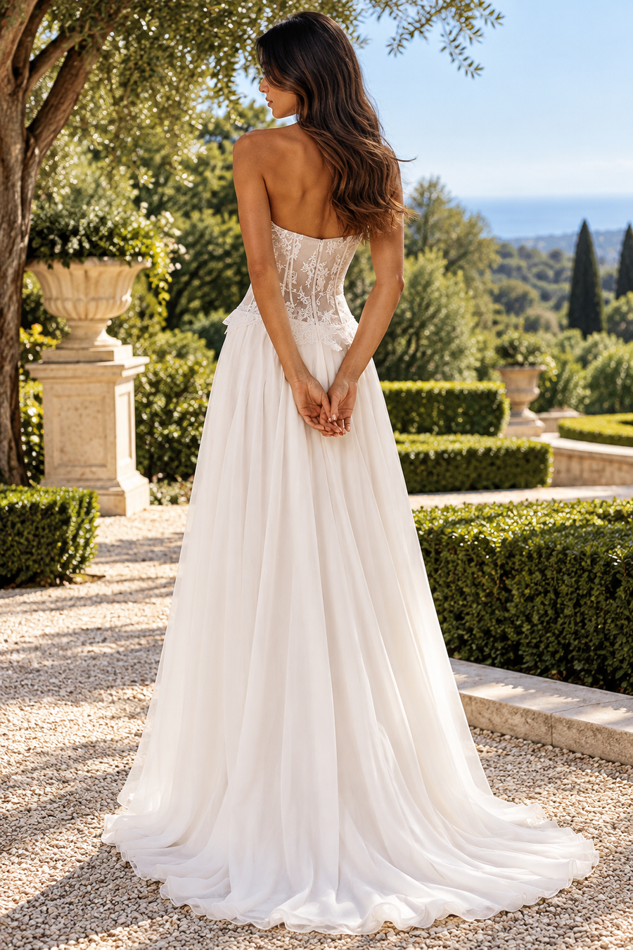 Sheer Lace op Chiffon A-Line Strapless Empire Party Prom Dress
