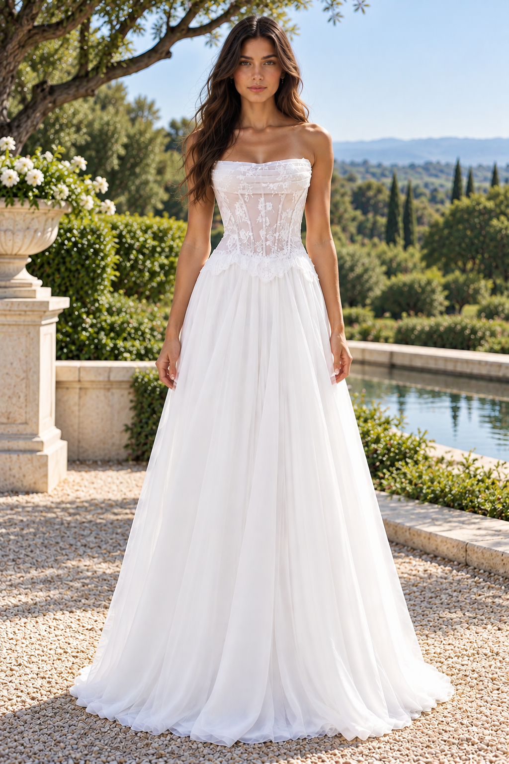 Sheer Lace op Chiffon A-Line Strapless Empire Party Prom Dress