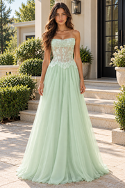 Sheer Lace op Chiffon A-Line Strapless Empire Party Prom Dress